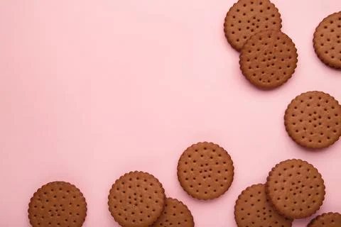 Chocolate chip cookie on blue background.Top view. Stock Photos