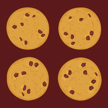Chocolate chip cookie set, Freshly baked Four cookies on dark brown backgroun イラスト素材