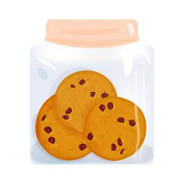Chocolate chip cookie set, homemade biscuit in glass jar, isolated on white b Stock Illustration