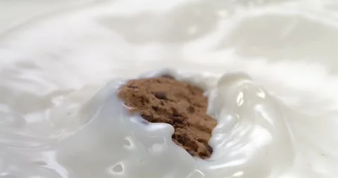 Chocolate chip cookie splashing into milk in super slow motion 1000 fps Stock Footage 344849825