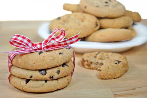 Chocolate chip cookie stack with bow Stock Photos