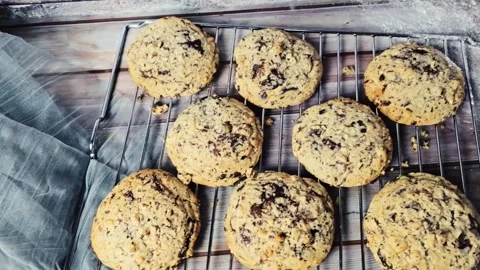 Chocolate chip cookies in a cooling rack Stock Footage 306773570