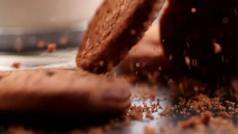 Chocolate chip cookies falling, dropping into table, slow motion Stock Footage 225902502