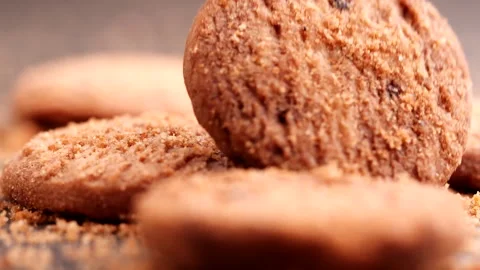 Chocolate chip cookies falling, dropping into table, slow motion Stock Footage 226194486