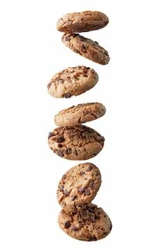 Chocolate chip cookies falling in stack Stock Photos