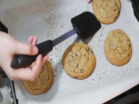 Chocolate chip cookies on a pan Stock Footage 80739359