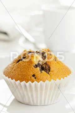 A chocolate chip muffin on a white surface Stock Photos
