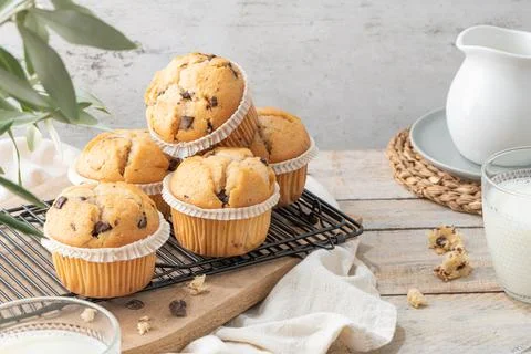 Chocolate chip muffins on a baking rack and glasses of milk on a white kitche Stock Photos
