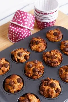 Chocolate chip muffins in baking tray freshly baked with cake cup Stock Photos