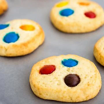 Chocolate chips and multicolored candy homemade shortbread cookies on gray Foto stock
