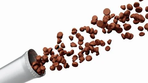 Chocolate chips spilling out from snack wrapper pack in 3d illustration, Pi.. Stock Illustration