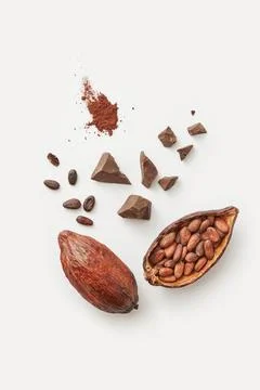Chocolate chunks with cocoa beans Stock-Fotos