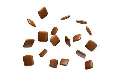 Chocolate-coated candies in flat square shapes floating in on an isolated white Stock Illustration