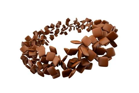 Chocolate-coated candies in flat square shapes floating in on an isolated white Stock Illustration