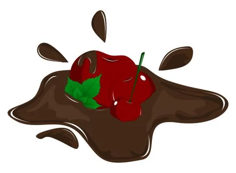 Chocolate coated cherry with shadow and spray on a white background. Stock Illustration