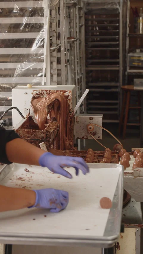 Chocolate coating machine and gloved worker in Kauai workshop Stock Footage 346245019
