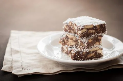 Chocolate Coconut Slice with Biscuits Fotos de archivo