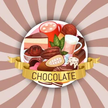 Chocolate concept dessert round pattern on sunburst background, flat vector 스톡 일러스트