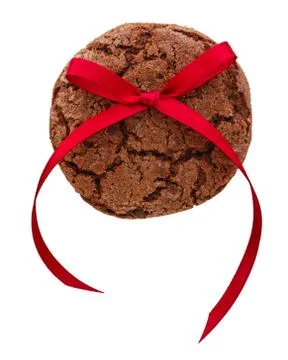 Chocolate cookie with red bow isolated on white background Stock Photos