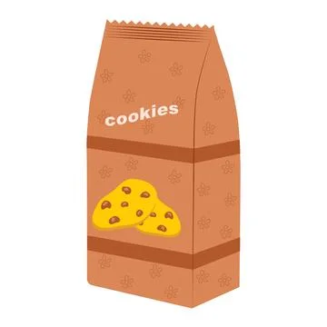 Chocolate cookies in package in flat design. Sweet snack in brown bag. Vector Stock Illustration