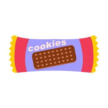 Chocolate cookies in package in flat design. Sweet snack in plastic wrapper.  イラスト素材