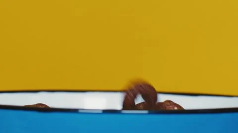 Chocolate corn rings falling into blue bowl Stock Footage 142061661
