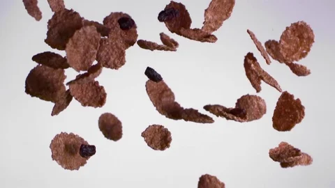 Chocolate cornflakes falling against white background in slow motion Stock Footage 81194011