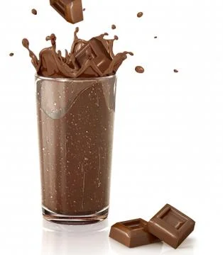 Chocolate cubes splashing into a choco milkshake glass. With two chocolate bl Stock Illustration