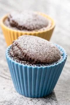 Chocolate cup cakes with powdered sugar in the porcelain bowls above grey gra Foto stock