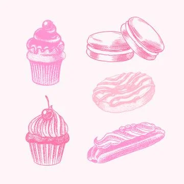 Chocolate Cupcake with cherries. Eclair and donut and macaroon. Hand drawn Illustrazione stock