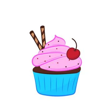 Chocolate cupcake with cherry. Design for bakery, cafe signboard. Dessert men Stock-Illustration