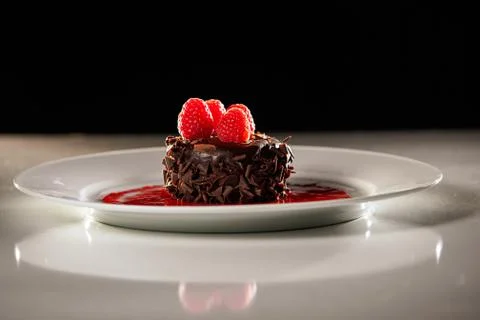 Chocolate cupcake dessert with tart raspberry sauce Stock Photos