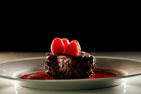 Chocolate cupcake dessert with tart raspberry sauce Stock Photos