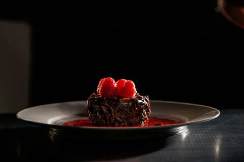 Chocolate cupcake dessert with tart raspberry sauce Stock Photos