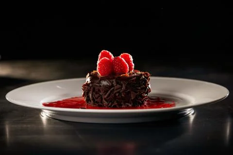 Chocolate cupcake dessert with tart raspberry sauce Stock Photos
