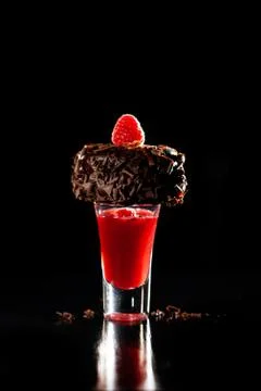 Chocolate cupcake dessert with tart raspberry sauce Stock Photos