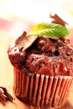 Chocolate cupcake with mint leaf garnish Stock Photos