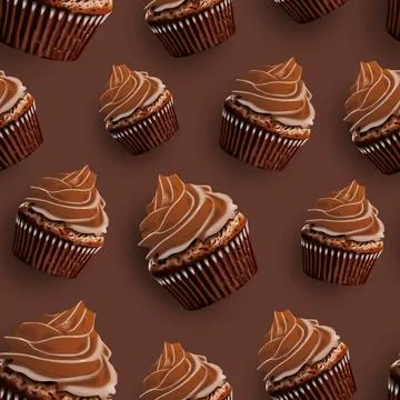 Chocolate cupcake pattern. Realistic vector illustration of muffins with cream Stock Illustration