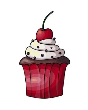 Chocolate cupcake with red ripe cherry and whipped cream on a white background Stock Illustration