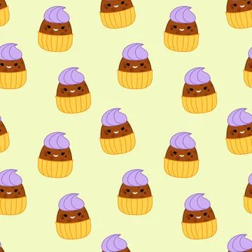 Chocolate cupcake on seamless pattern. Squishmallow. Cupcake. Kawaii, Vector Illustrazione stock