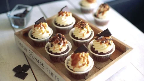 Chocolate cupcake on table Stock Footage 75176467