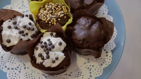 Chocolate cupcakes with nuts Stock Footage 87199632