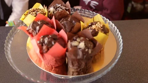 Chocolate cupcakes with nuts Stock Footage 87639977