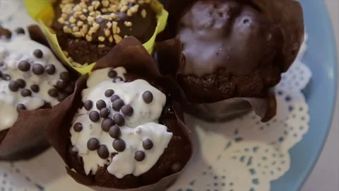 Chocolate cupcakes with nuts Stock Footage 87660377