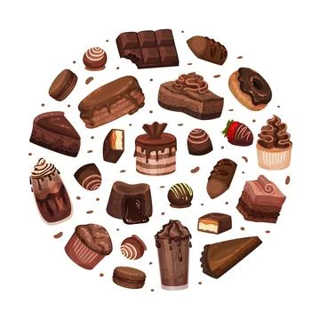 Chocolate Dessert Round Composition Design with Sweet Pastry Vector Template Illustrazione stock