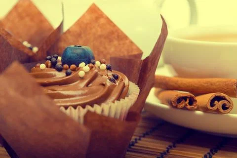 Chocolate dessert with tea Stock Photos