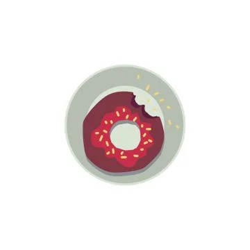 Chocolate donut with bite mark, red glaze and yellow sprinkles from top view Stock Illustration