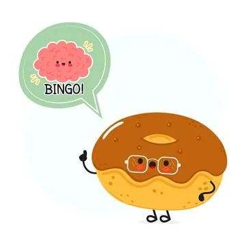 Chocolate Doughnut with speech bubble and brain character. Vector hand draw.. Stock Illustration