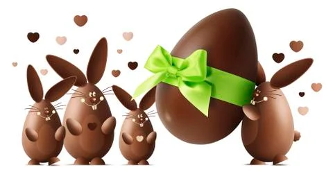 Chocolate Easter bunnies with egg and green ribbon bow isolated on white back Stock Illustration