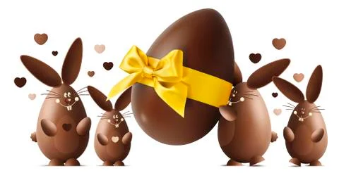 Chocolate Easter bunnies with egg and golden ribbon bow isolated on white bac Stock Illustration